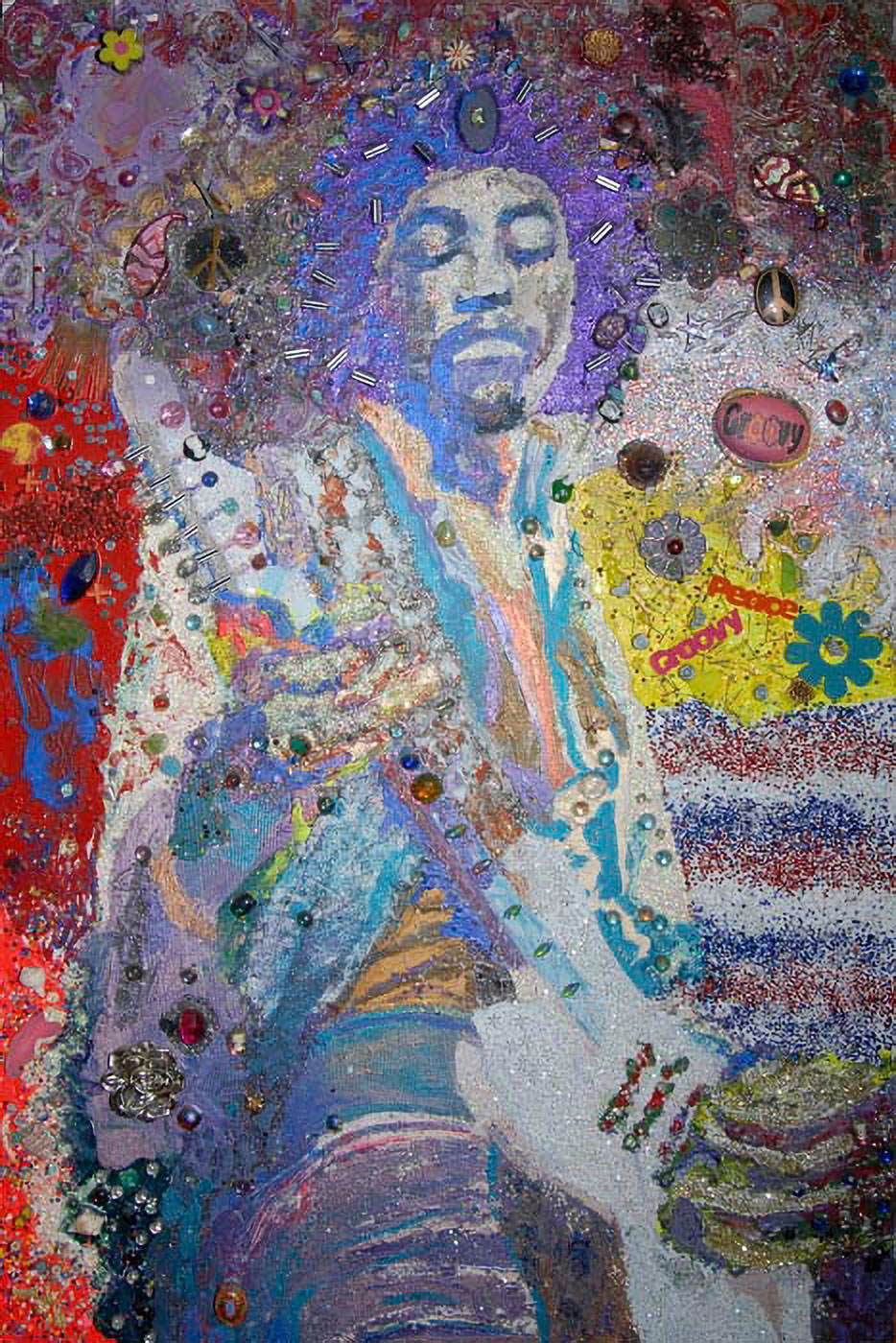 Painting of Jimi Hendrix done using all types of beads and paint